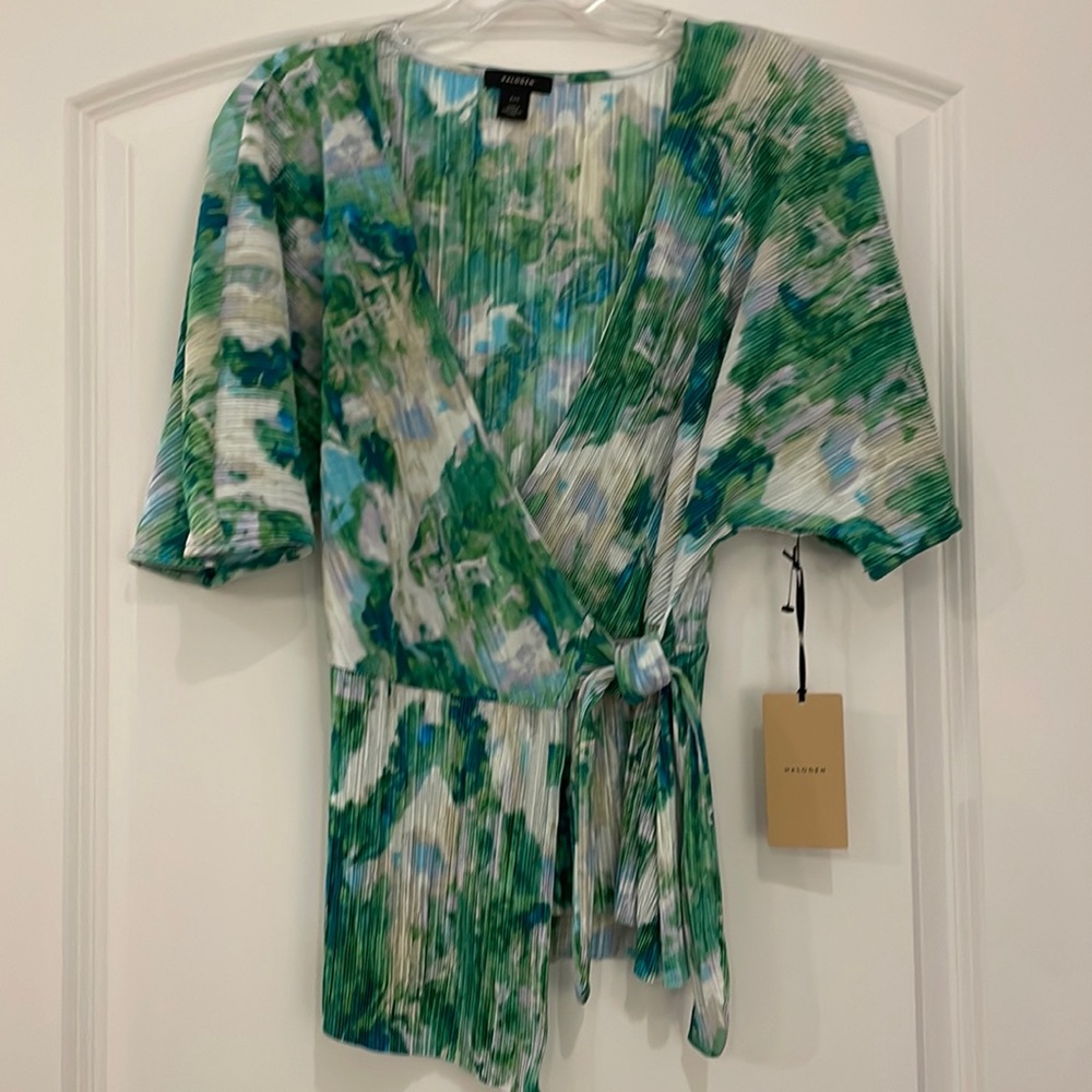 Halogen Green Floral Faux Wrap Micro Pleat Peplum Top Size XXS